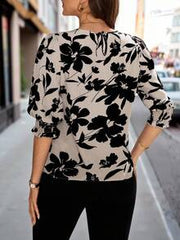 Editum Women's Floral Print Round Neck Pullover, Elegant Office Shirt Light Beige Spring And Summer, Casual Y2k Business Vacation Beach Wedding Graduation