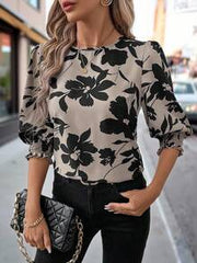 Editum Women's Floral Print Round Neck Pullover, Elegant Office Shirt Light Beige Spring And Summer, Casual Y2k Business Vacation Beach Wedding Graduation