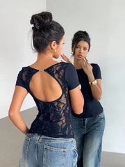 Siren Gaze Regular Shoulder Lace Patchwork Backless T-Shirt For Women, American Style Pleated Fitted Short Sleeve Top, Summer Open Back Tops Casual