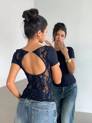 Siren Gaze Regular Shoulder Lace Patchwork Backless T-Shirt For Women, American Style Pleated Fitted Short Sleeve Top, Summer Open Back Tops Casual