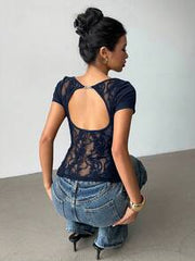 Siren Gaze Regular Shoulder Lace Patchwork Backless T-Shirt For Women, American Style Pleated Fitted Short Sleeve Top, Summer Open Back Tops Casual