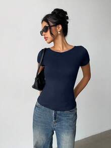 Siren Gaze Regular Shoulder Lace Patchwork Backless T-Shirt For Women, American Style Pleated Fitted Short Sleeve Top, Summer Open Back Tops Casual