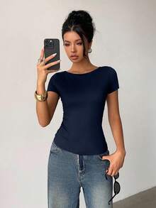 Siren Gaze Regular Shoulder Lace Patchwork Backless T-Shirt For Women, American Style Pleated Fitted Short Sleeve Top, Summer Open Back Tops Casual