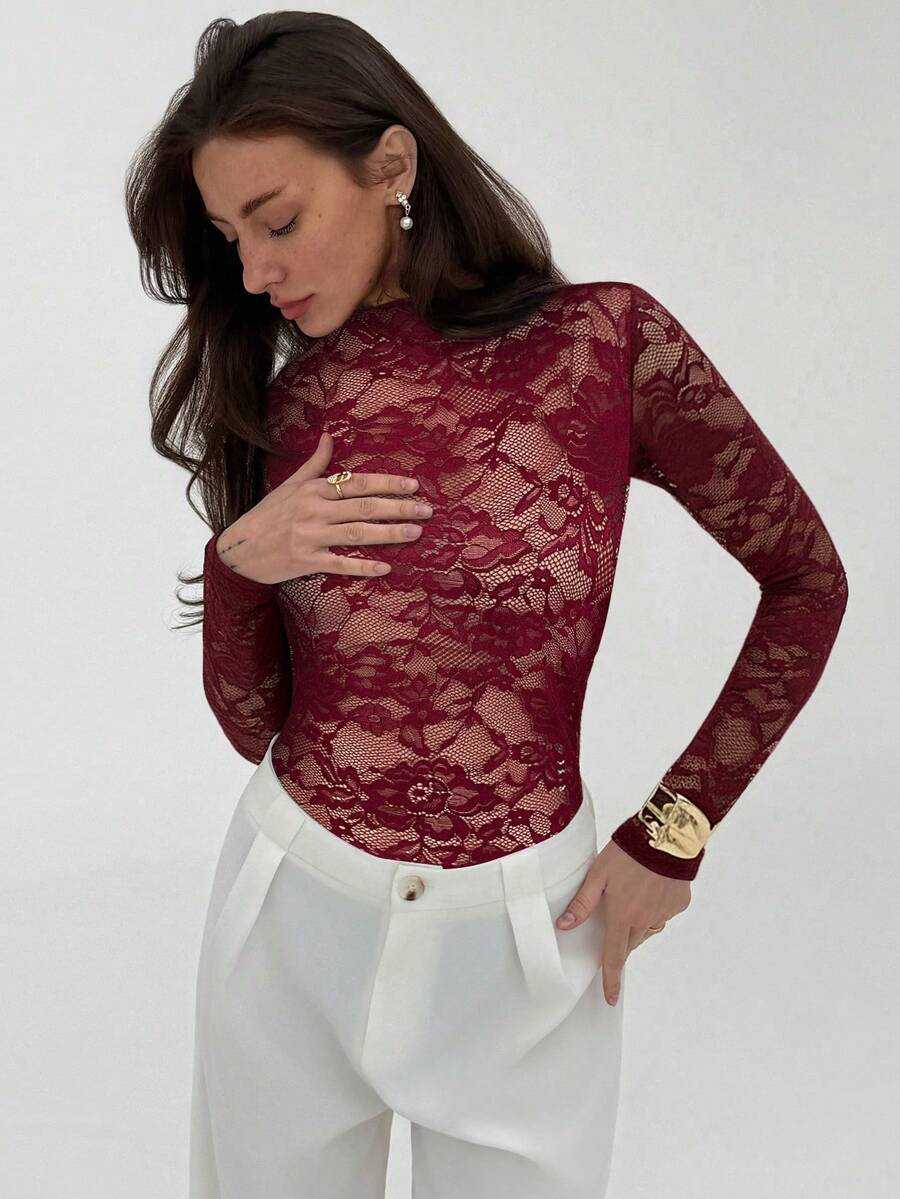 Ženski crni bodi sa cvetnim čipkastim uzorkom, elegantan seksi providni