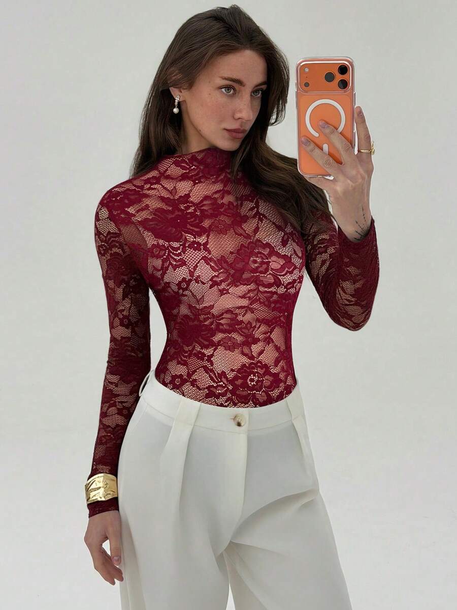 Ženski crni bodi sa cvetnim čipkastim uzorkom, elegantan seksi providni