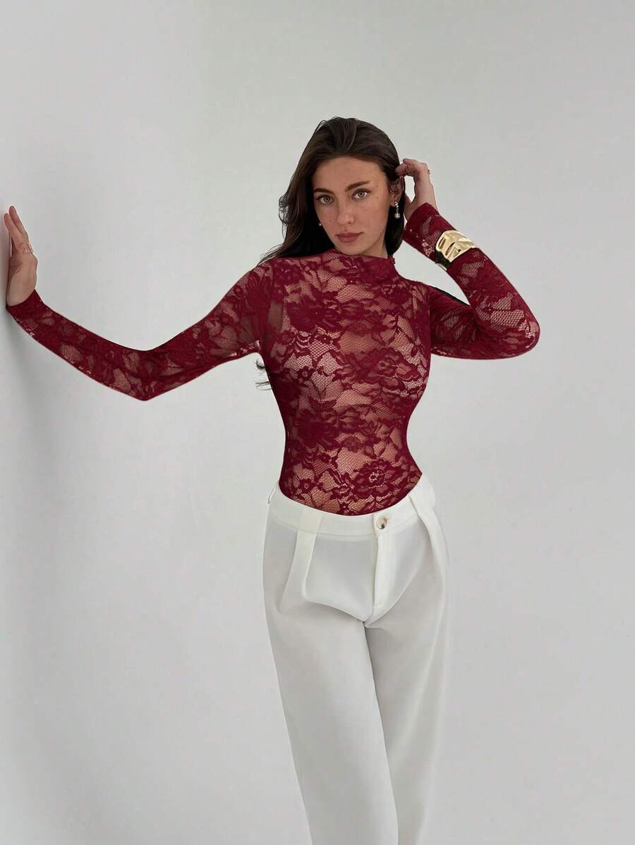 Ženski crni bodi sa cvetnim čipkastim uzorkom, elegantan seksi providni