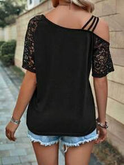 EMERY ROSE Fashionable Casual New Black Lace Sleeve Off-Shoulder Heart Print T-Shirt