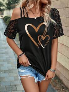 EMERY ROSE Fashionable Casual New Black Lace Sleeve Off-Shoulder Heart Print T-Shirt