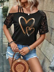 EMERY ROSE Fashionable Casual New Black Lace Sleeve Off-Shoulder Heart Print T-Shirt