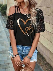 EMERY ROSE Fashionable Casual New Black Lace Sleeve Off-Shoulder Heart Print T-Shirt