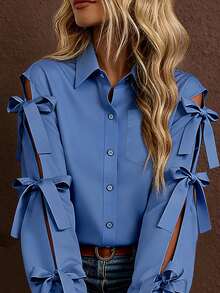 Women's Solid Color Bow Decor Long Sleeve Single-Breasted Shirt Spring