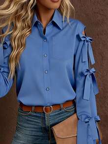 Women's Solid Color Bow Decor Long Sleeve Single-Breasted Shirt Spring