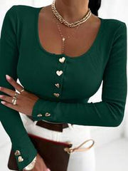 INAWLY Fitted Sexy Round Neck Half-Open Placket Heart Button Casual Long Sleeve Women T-Shirt