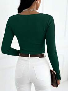 INAWLY Fitted Sexy Round Neck Half-Open Placket Heart Button Casual Long Sleeve Women T-Shirt