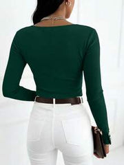 INAWLY Fitted Sexy Round Neck Half-Open Placket Heart Button Casual Long Sleeve Women T-Shirt