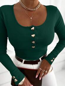 INAWLY Fitted Sexy Round Neck Half-Open Placket Heart Button Casual Long Sleeve Women T-Shirt