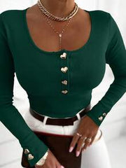 INAWLY Fitted Sexy Round Neck Half-Open Placket Heart Button Casual Long Sleeve Women T-Shirt