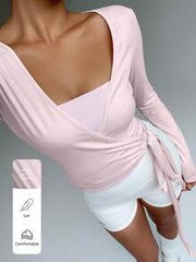 FavEase Women Light Pink V-Neck Long Sleeve Cropped Tight T-Shirt,Highly Elastic Soft Wrap Yoga Fitness Sports Top,Minimalist Summer Casual Brunch Essential