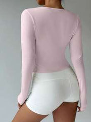FavEase Women Light Pink V-Neck Long Sleeve Cropped Tight T-Shirt,Highly Elastic Soft Wrap Yoga Fitness Sports Top,Minimalist Summer Casual Brunch Essential