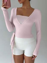 FavEase Women Light Pink V-Neck Long Sleeve Cropped Tight T-Shirt,Highly Elastic Soft Wrap Yoga Fitness Sports Top,Minimalist Summer Casual Brunch Essential