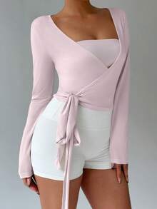 FavEase Women Light Pink V-Neck Long Sleeve Cropped Tight T-Shirt,Highly Elastic Soft Wrap Yoga Fitness Sports Top,Minimalist Summer Casual Brunch Essential
