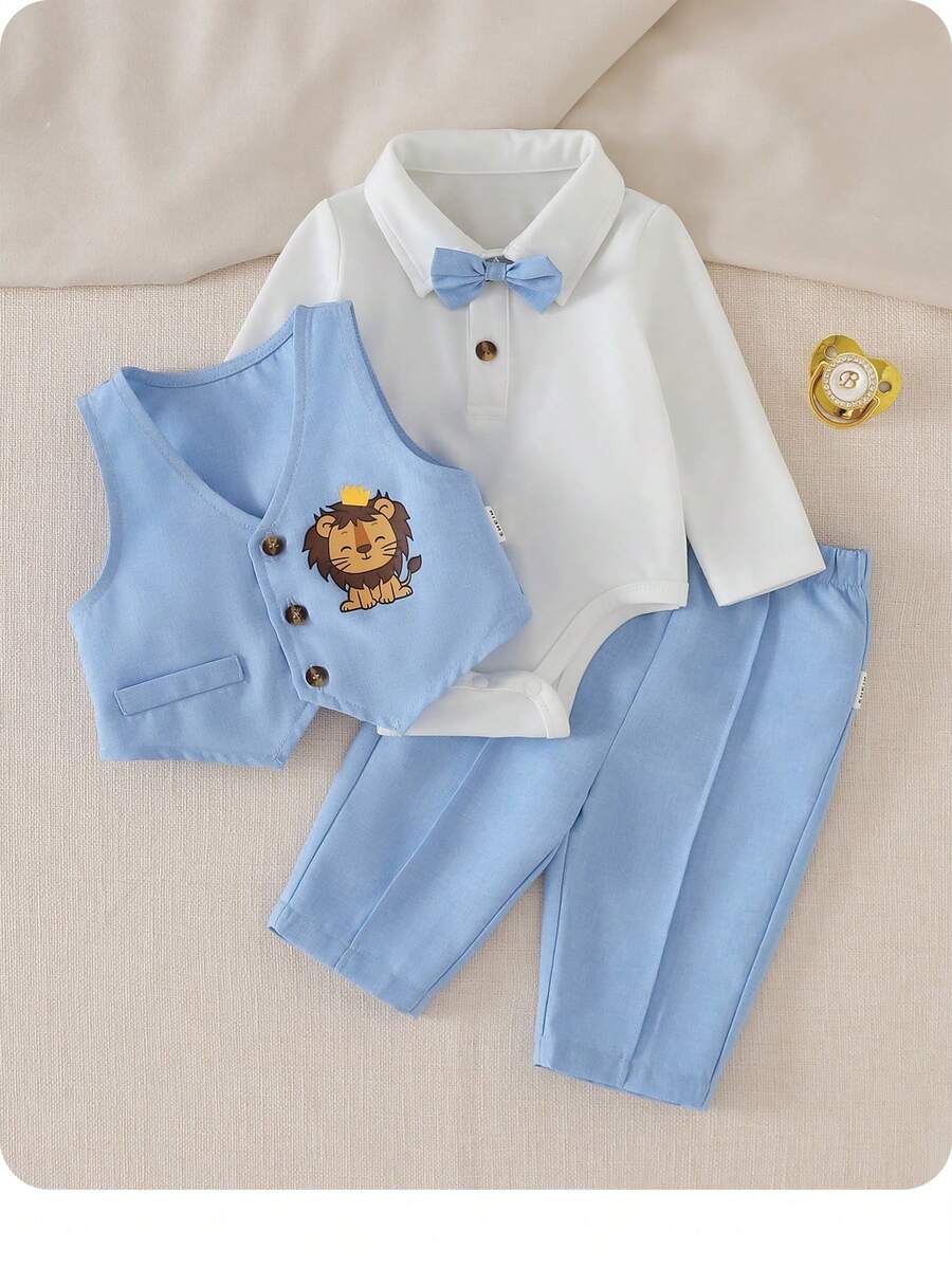 Set od 3 komada za dečaka: slatka ležerna prsluk-majica, duge pantalone i romper sa leptir mašnom