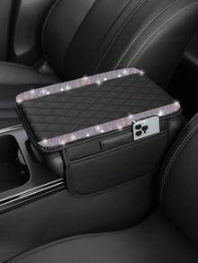1pc Universal Sparkling Diamond Car Armrest Cover - Leather Center Console Protector With 2 Storage Pockets, Fits Most Vehicles