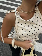 New Elegant & Fashionable Sleeveless Women Polka Dot Ruffle Hem Casual Blouse, Suitable For Daily, Commuting, Sexy Date, All Seasons Summer