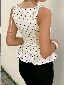 New Elegant & Fashionable Sleeveless Women Polka Dot Ruffle Hem Casual Blouse, Suitable For Daily, Commuting, Sexy Date, All Seasons Summer