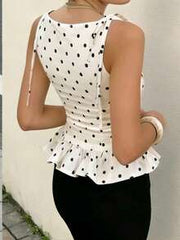 New Elegant & Fashionable Sleeveless Women Polka Dot Ruffle Hem Casual Blouse, Suitable For Daily, Commuting, Sexy Date, All Seasons Summer