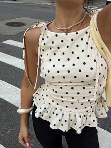 New Elegant & Fashionable Sleeveless Women Polka Dot Ruffle Hem Casual Blouse, Suitable For Daily, Commuting, Sexy Date, All Seasons Summer
