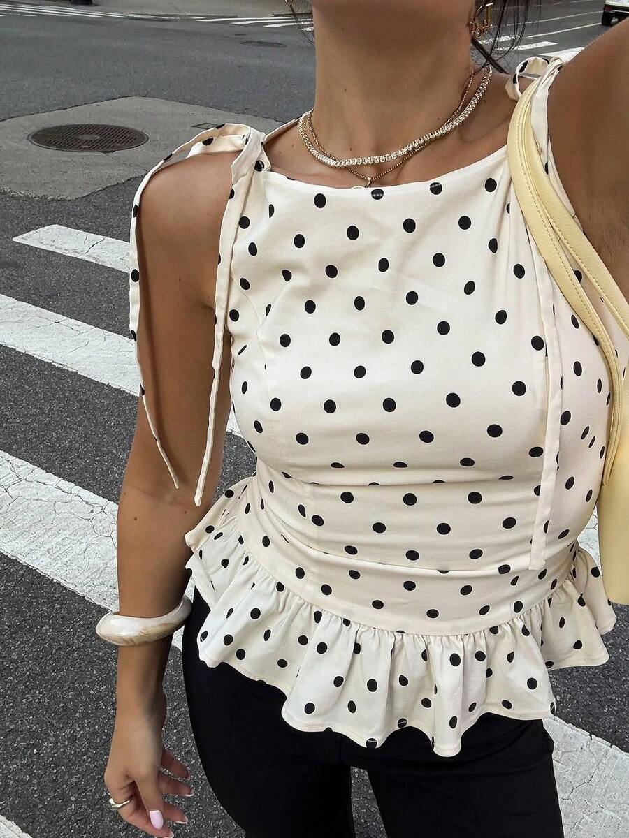 New Elegant & Fashionable Sleeveless Women Polka Dot Ruffle Hem Casual Blouse, Suitable For Daily, Commuting, Sexy Date, All Seasons Summer