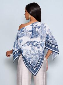 SOLERSUN Women's Brown Summer Elegant Party Asymmetric Neck Long Sleeve Asymmetrical Hem Blouse Vintage Sunset Holiday Print Batwing Sleeve Tops