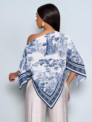 SOLERSUN Women's Brown Summer Elegant Party Asymmetric Neck Long Sleeve Asymmetrical Hem Blouse Vintage Sunset Holiday Print Batwing Sleeve Tops