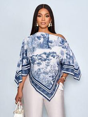 SOLERSUN Women's Brown Summer Elegant Party Asymmetric Neck Long Sleeve Asymmetrical Hem Blouse Vintage Sunset Holiday Print Batwing Sleeve Tops