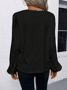 EMERY ROSE Women's Black And Gold Elegant Autumn Retro Puff Long Sleeve Shirt, Faux Sequin Print Pattern Casual Commute Party Top For New Year's Eve, Wedding Guest