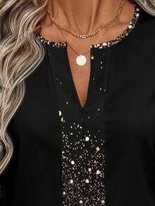 EMERY ROSE Women's Black And Gold Elegant Autumn Retro Puff Long Sleeve Shirt, Faux Sequin Print Pattern Casual Commute Party Top For New Year's Eve, Wedding Guest
