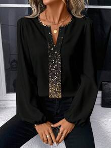 EMERY ROSE Women's Black And Gold Elegant Autumn Retro Puff Long Sleeve Shirt, Faux Sequin Print Pattern Casual Commute Party Top For New Year's Eve, Wedding Guest