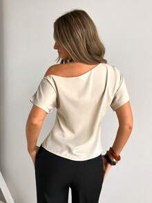 Siren Gaze Women's Elegant Beige Summer Office Blouse, Oblique Collar One Shoulder Slim Fit Top With Metal Button Buckle Decor, Classy Ladies Shirt For Night Out