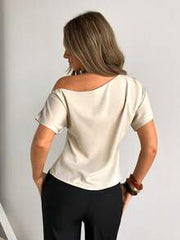 Siren Gaze Women's Elegant Beige Summer Office Blouse, Oblique Collar One Shoulder Slim Fit Top With Metal Button Buckle Decor, Classy Ladies Shirt For Night Out