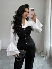Elenzga V-Neck Long Sleeve Elegant Casual Commuter Colorblock Button-Up Blouse For Women, Ruffle Cuff, Autumn/Winter/Spring