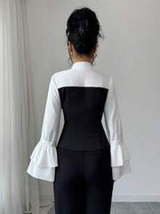 Elenzga V-Neck Long Sleeve Elegant Casual Commuter Colorblock Button-Up Blouse For Women, Ruffle Cuff, Autumn/Winter/Spring