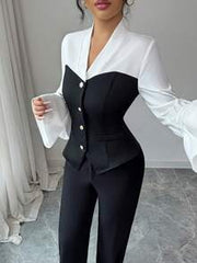 Elenzga V-Neck Long Sleeve Elegant Casual Commuter Colorblock Button-Up Blouse For Women, Ruffle Cuff, Autumn/Winter/Spring