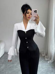 Elenzga V-Neck Long Sleeve Elegant Casual Commuter Colorblock Button-Up Blouse For Women, Ruffle Cuff, Autumn/Winter/Spring