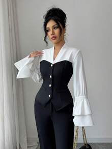 Elenzga V-Neck Long Sleeve Elegant Casual Commuter Colorblock Button-Up Blouse For Women, Ruffle Cuff, Autumn/Winter/Spring