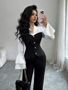Elenzga V-Neck Long Sleeve Elegant Casual Commuter Colorblock Button-Up Blouse For Women, Ruffle Cuff, Autumn/Winter/Spring