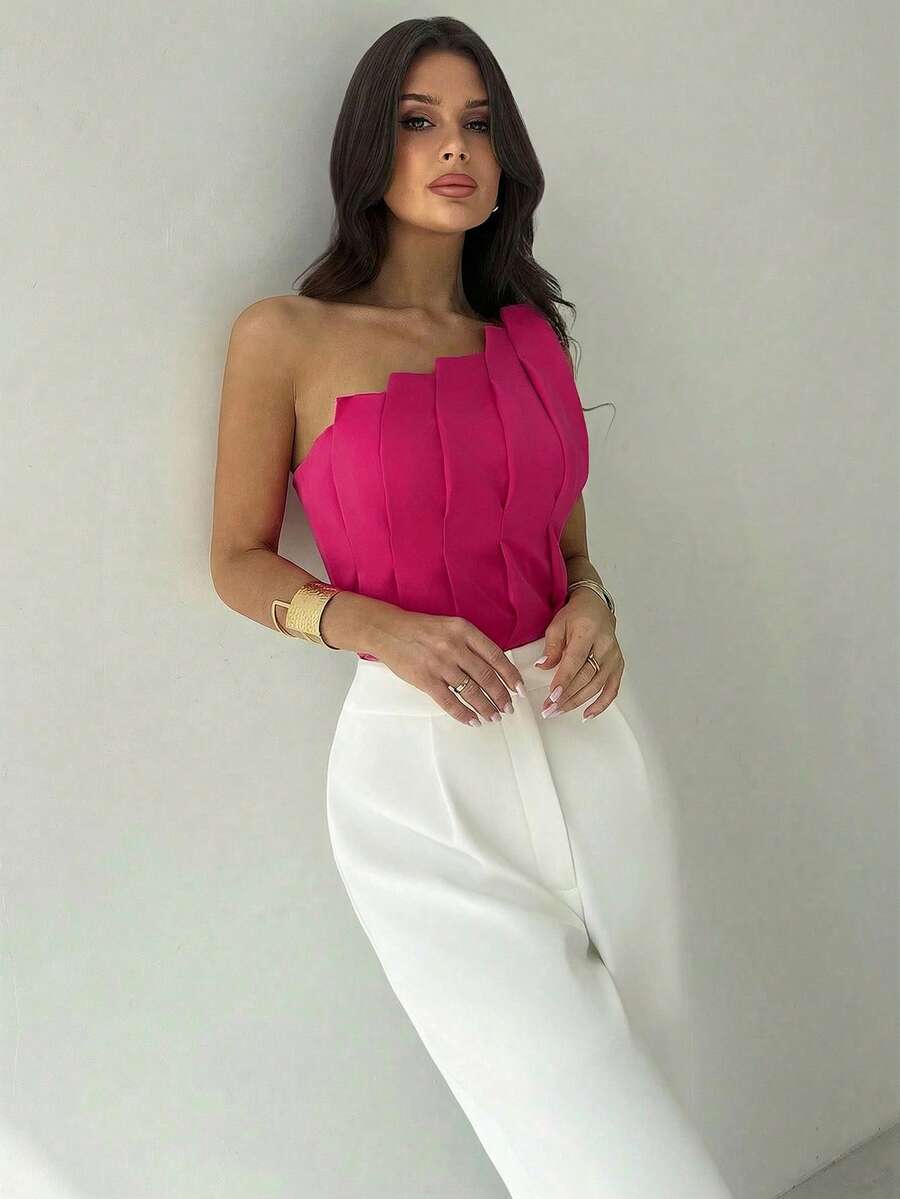 Elegantni letnji body za žene, minimalistički 3D asimetrični nabrani top bez rukava