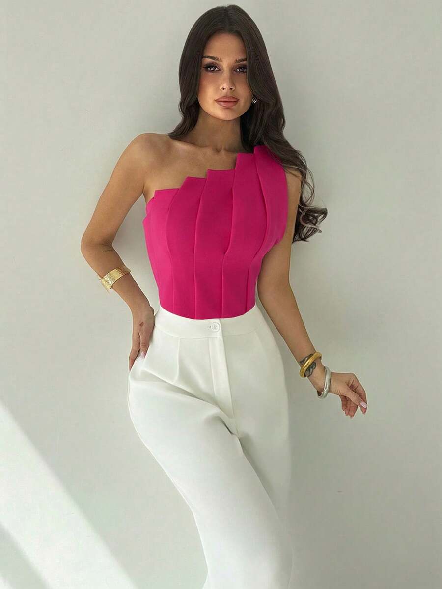 Elegantni letnji body za žene, minimalistički 3D asimetrični nabrani top bez rukava