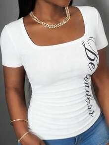 Slaydiva Women's Short Sleeve Square Neck Slim Fit White T-Shirt,Gathered English Letter Summer Casual Basic Top,Perfect For City Break And Black N White Style