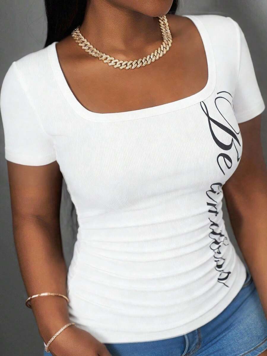 Slaydiva Women's Short Sleeve Square Neck Slim Fit White T-Shirt,Gathered English Letter Summer Casual Basic Top,Perfect For City Break And Black N White Style